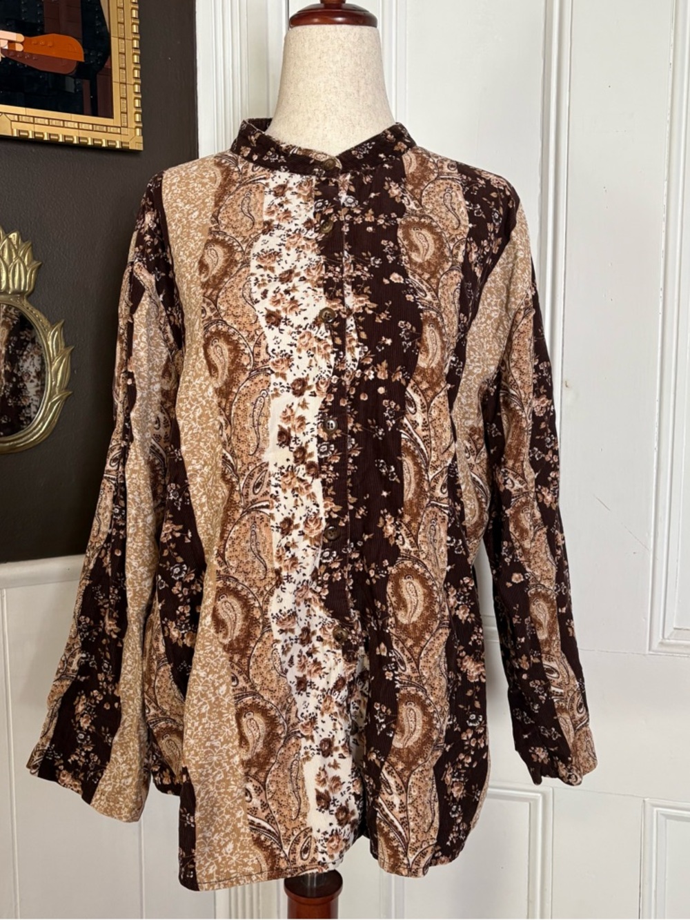 Vintage Patchwork Corduroy Top | Boho Earth Tone Button Front Blouse